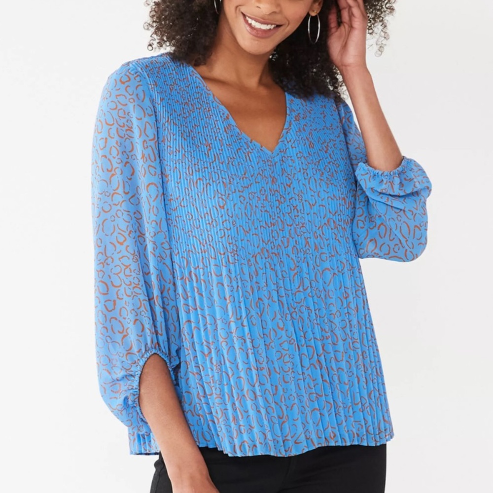 Nine West Balloon Sleeves Pleated Blue and Brown Blouse